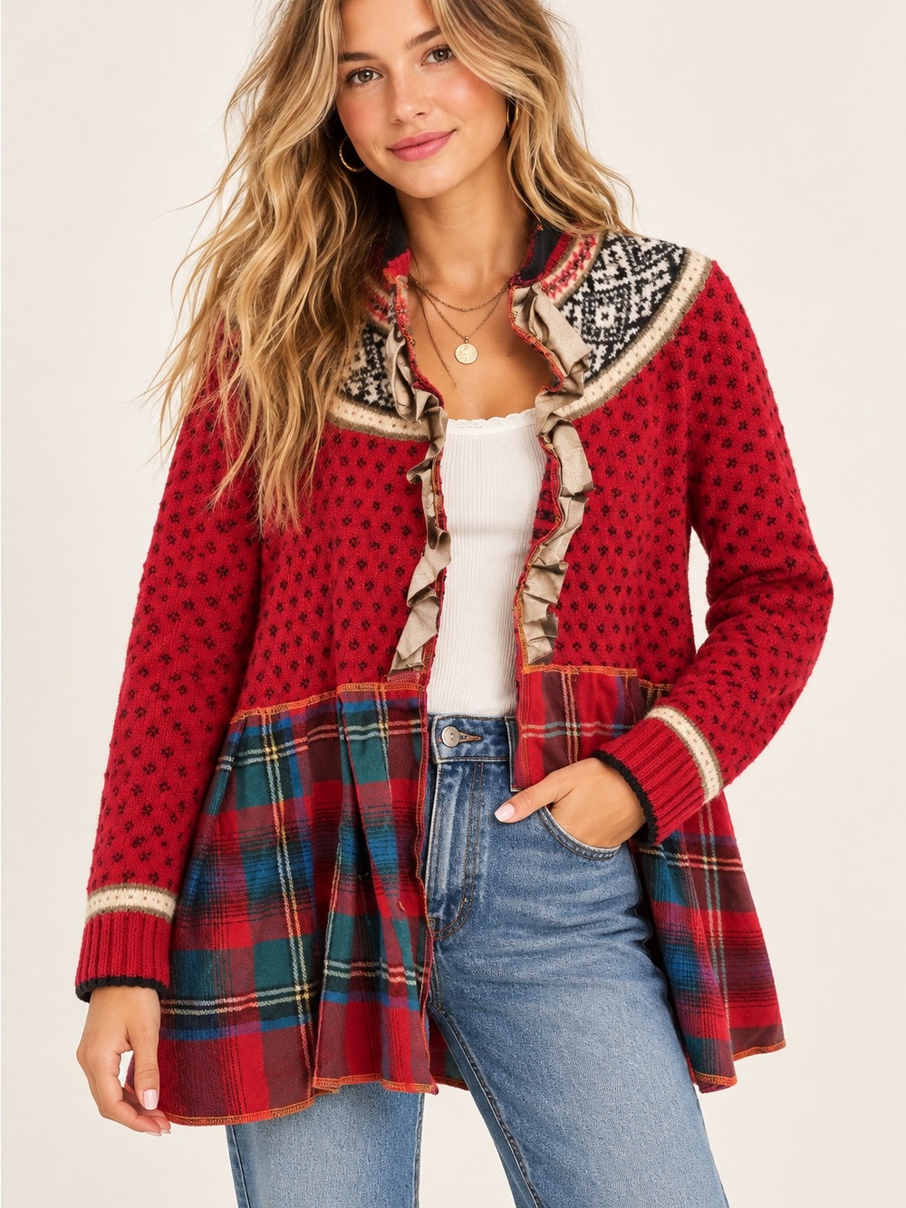 Upcycled Red Fair Isle Plaid Ruffle Cardigan Sweater